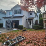 Exterior house painting in progress with ladders at a gray two-story home